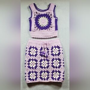 Purple and Pink Crochet Top and Skirt Set